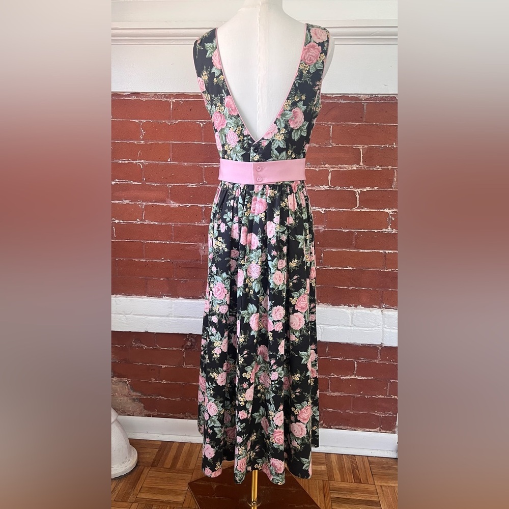 Vintage Lanz  80’s Black and Pink  Floral Midi Dress Sleeveless  Cottagecore - Picture 6 of 16